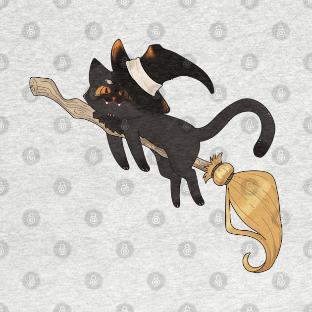 Halloween Black Cat flying with a Broom by Hunholy